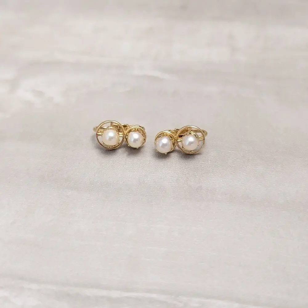 Vintage Clip On Earrings Stylish Geometric Faux Pearl & Gold Tone Duo